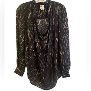 Haute Hippie HH Drapey Cowl Neck Blouse Long Sleeve Black Grey Beige Stripe Sm